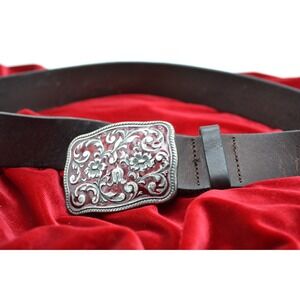 Vintage GAP Made In Italy Brown Leather Belt Floral Enamel Buckle Women Medium